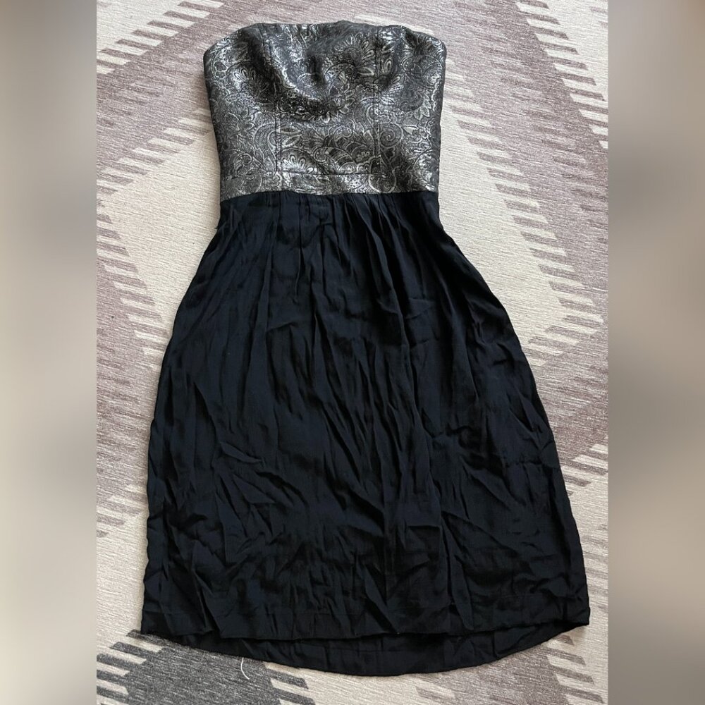 NAF NAF strapless silver brocade and black midi dress